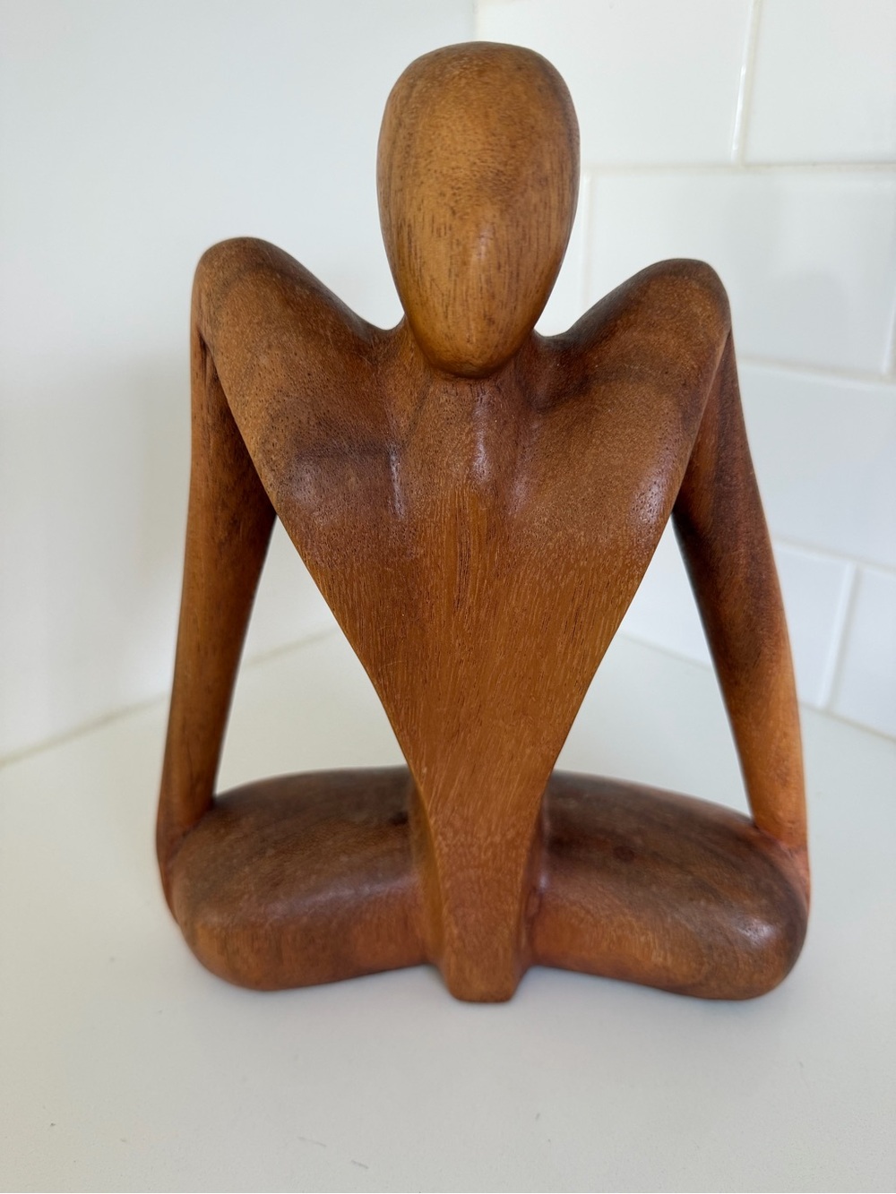 Hand-Carved Wood Meditation Figure - Brown